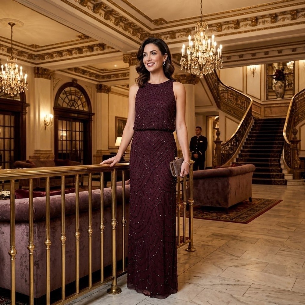 Adrianna Papell Beaded Blouson Gown Plum Burgundy Size 6 Formal Maxi Dress